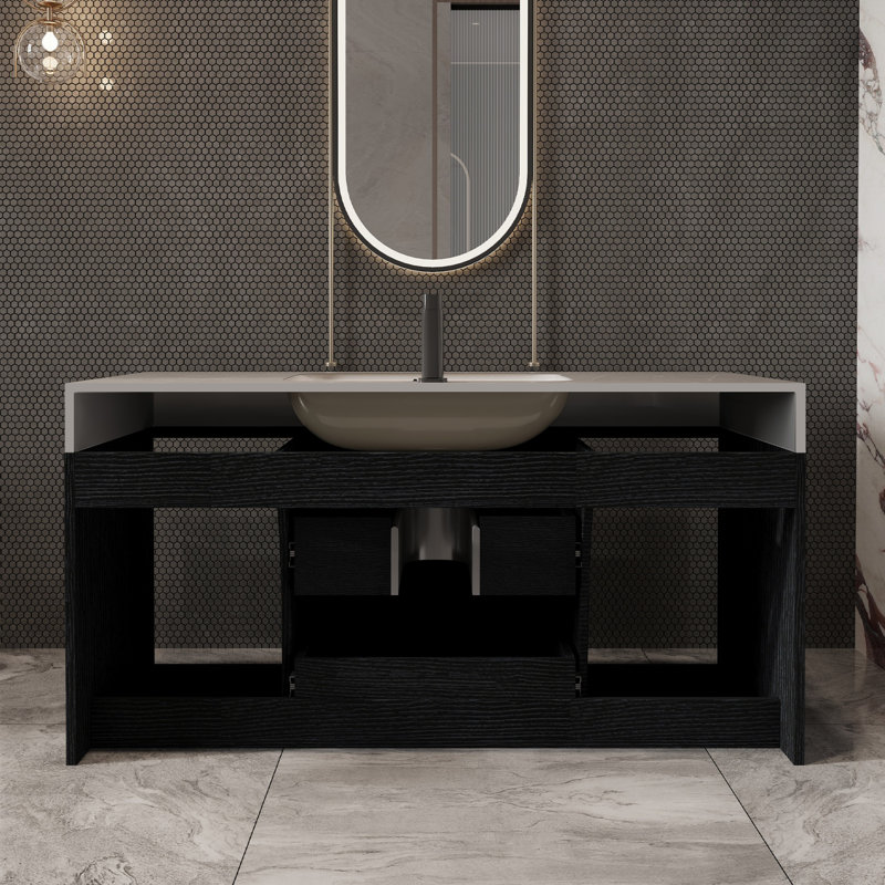 Meuble-lavabo mural 39 po avec lavabo, plateau en pierre frittée et armoire en bois massif 39 po