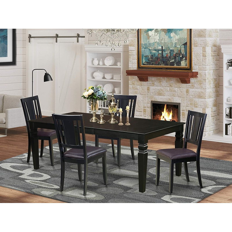 L'ensemble 5 pièces de table et chaises de cuisine comprend une table de salle à manger rectangulaire avec rallonge papillon et 4 chaises de salle à manger en similicuir, noir