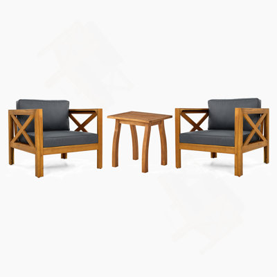 Gracie Oaks 3 Piece Patio Conversation Set, Outdoor Wood Leisure Seat(Set of 2),Armchair with Cushions,Selma Acacia Wood End Table ,Teak Finish,Blue cushion