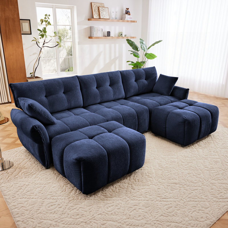 Ensemble de canapé luxueux 3 places avec repose-pieds et coussins pour divers espaces, Bleu