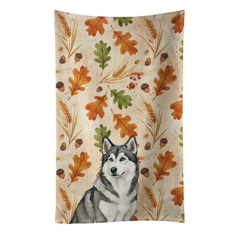 Gray and White Alaskan Malamute Heirloom Fall Kitchen Towel, Gray and White Alaskan Malamute