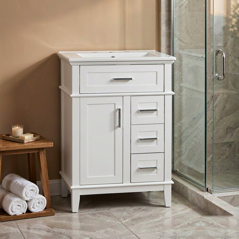 Lavabo de meuble-lavabo en céramique 24 po, structure en bois massif et armoire en panneau de fibres à densité moyenne, 1 porte, tiroir rabattable et 3 tiroirs, charnières à fermeture douce, tablette réglable, poignées argentées