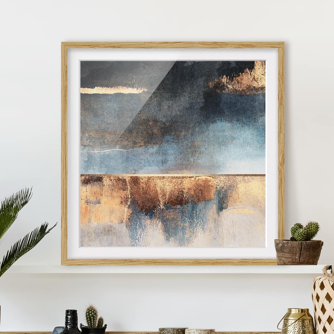 Gerahmter Kunstdruck Abstract Lake Shore in Gold