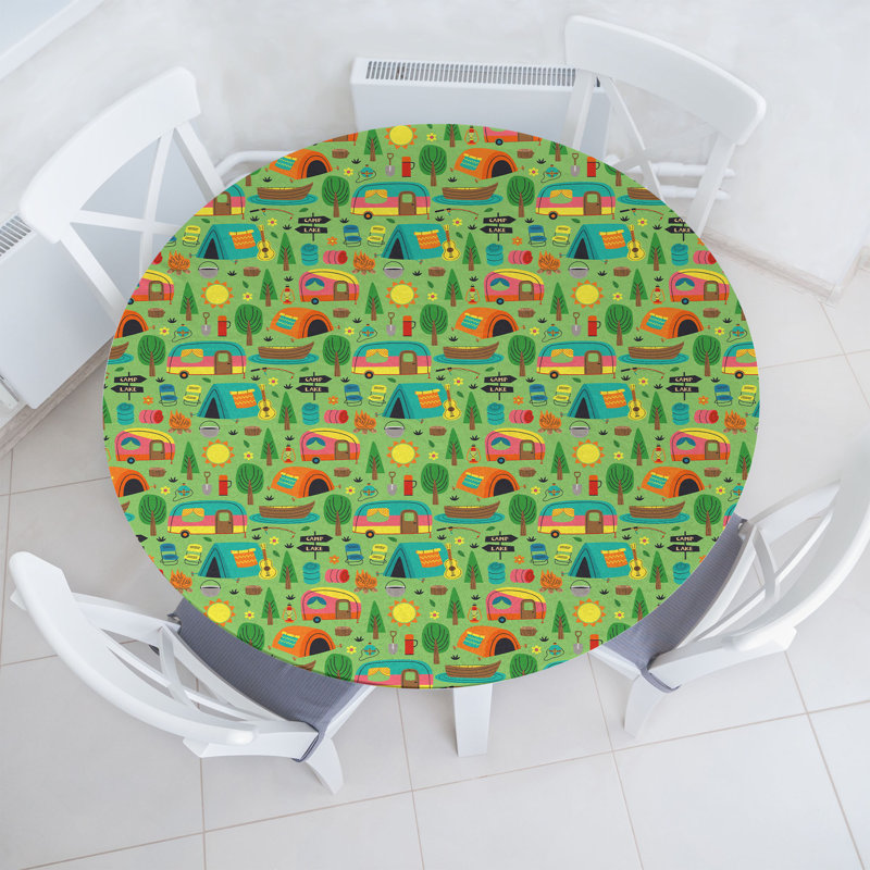 Ebern Designs Camping Fitted Round Tablecloth 36"- 40" Diameter Multicolor