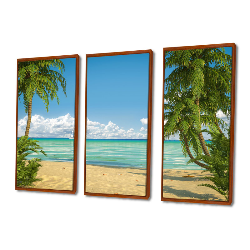 Palms at Caribbean Beach - Beaches, ensemble de 3 toiles encadrées, H 28 po x l 36 po, Brun