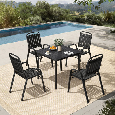 4-Person Patio Dining Set, Stackable Chairs And Square Steel Table With Umbrella Hole by Latitude Run