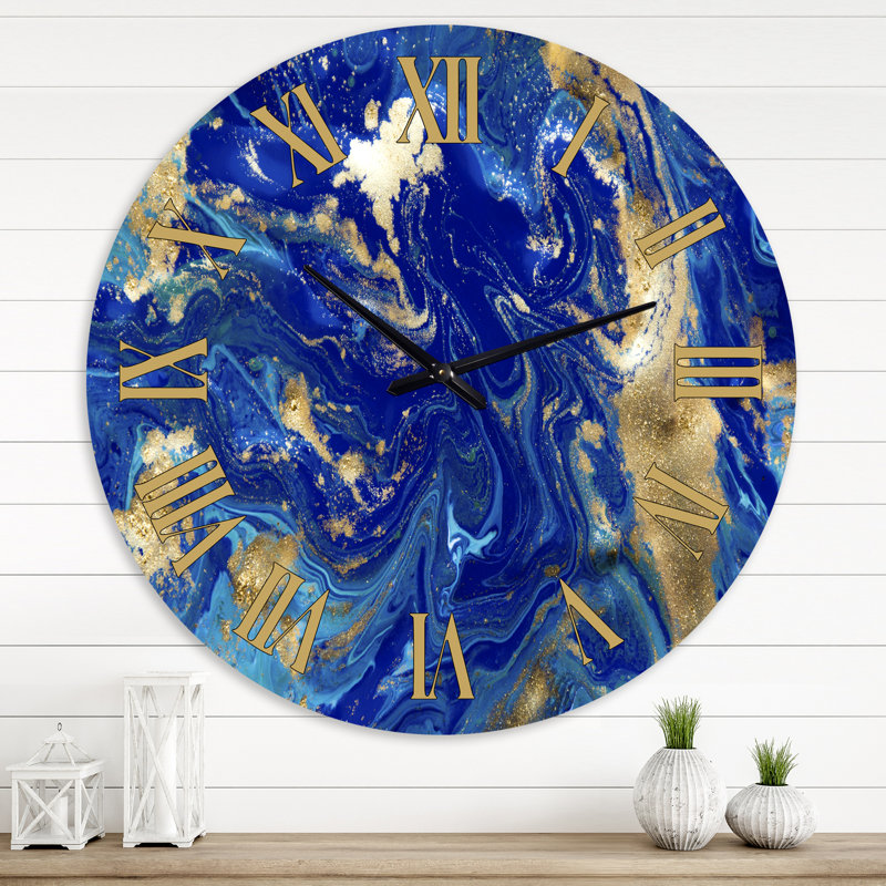 Or et bleu marbré texture ondulée II - horloge murale moderne, Grand