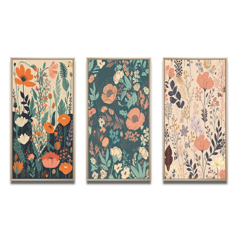 «Fleurs sauvages rétro en pastel rétro II», 3 pièces, Cadre naturel flottant, H 20 po x l 36 po