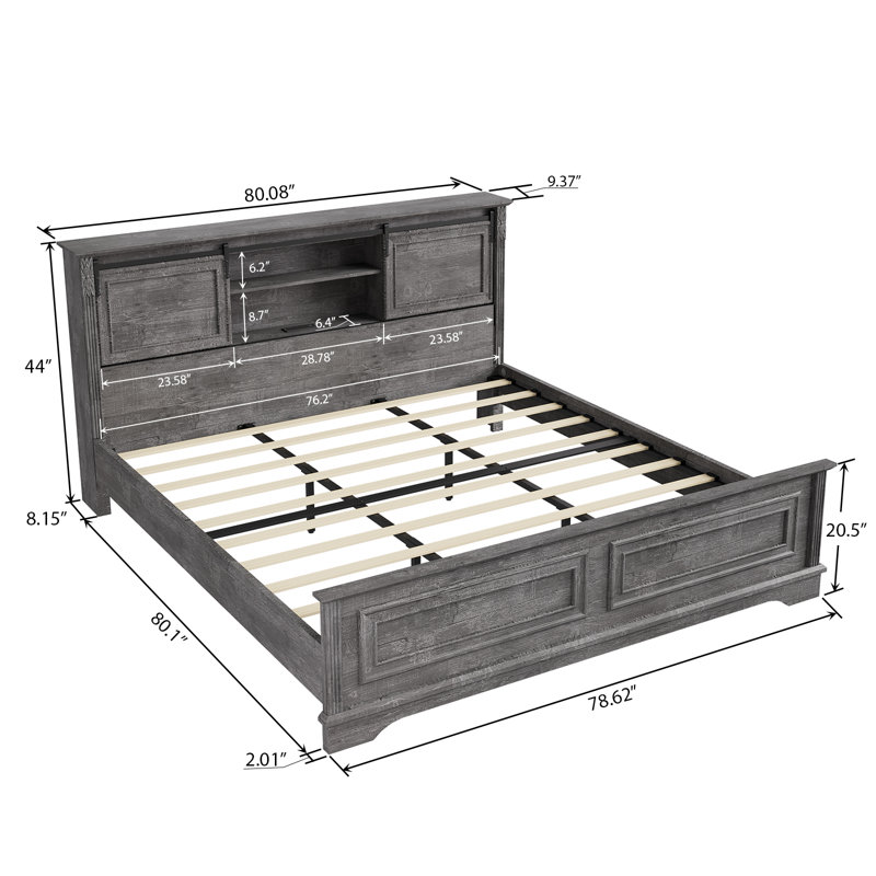 Farmhouse King Platform Bed Frame With Sliding Barn Door Headboard & Charging Station – Rustic Wood Bed With Storage Shelves