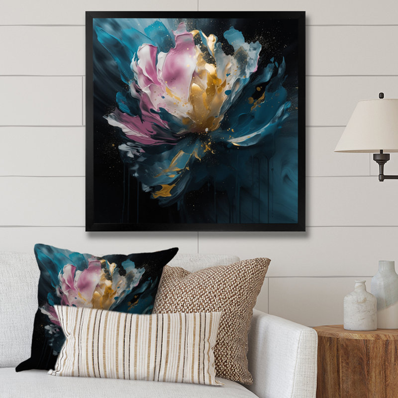 "Blue Pink Pe pivoines Artistry II", reproduction d'art sur toile, Cadre photo noir, H 16 po x l 16 po x P 1 po