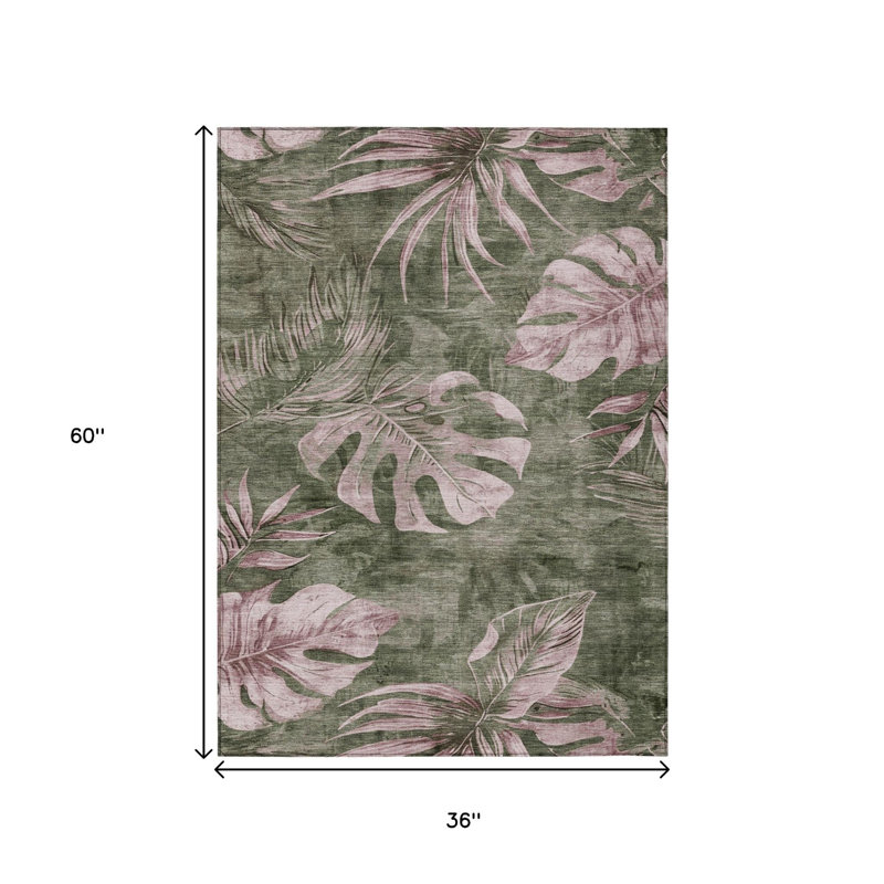 Tapis intérieur/extérieur lavable, vert olive et rose poudré à motifs floraux, 90 x 150 cm