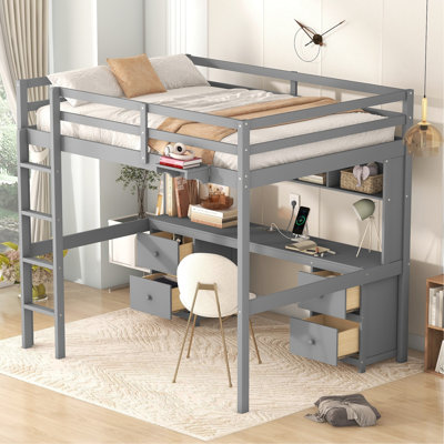 Lit mezzanine pleine grandeur gris avec bureau, tiroir et rangement