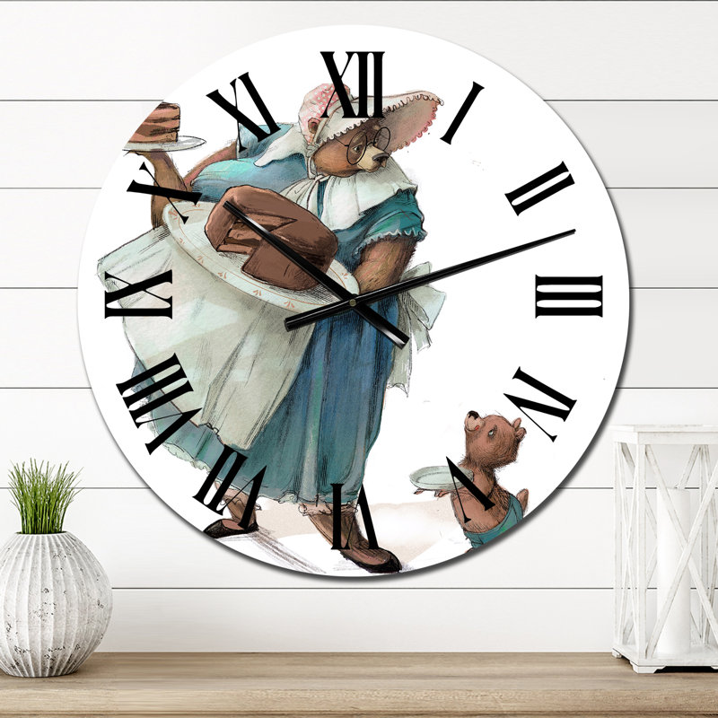 Mignon ourson en peluche avec petit lièvre blanc II - horloge murale pour enfants, Moyen