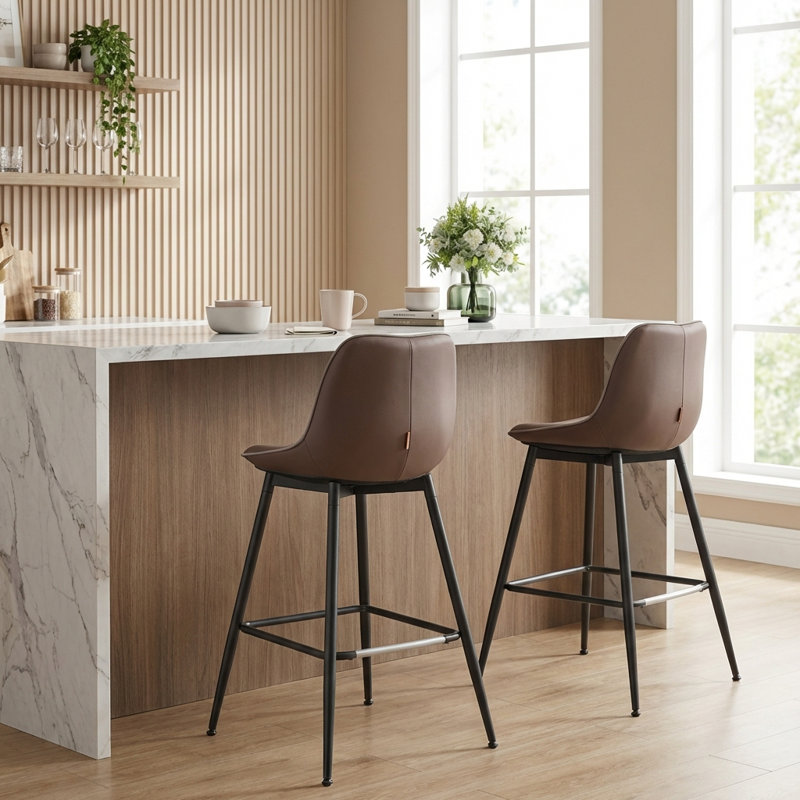 Borna 17.7''W x 15.7''D Mid-Century Faux Leather Bar Stools/ Counter Stools with Steel Frame & Footrest, Brown
