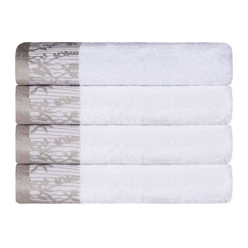 Carinna Cotton Medium Weight Floral Jacquard Border Assorted Bathroom Towel Set, White, Bath Towels - 4 Pack