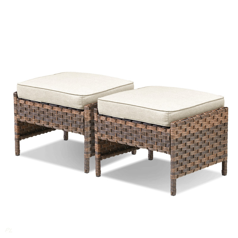 Ensemble de 2 repose-pieds d'extérieur en rotin brun avec coussin beige pour cour arrière ou terrasse