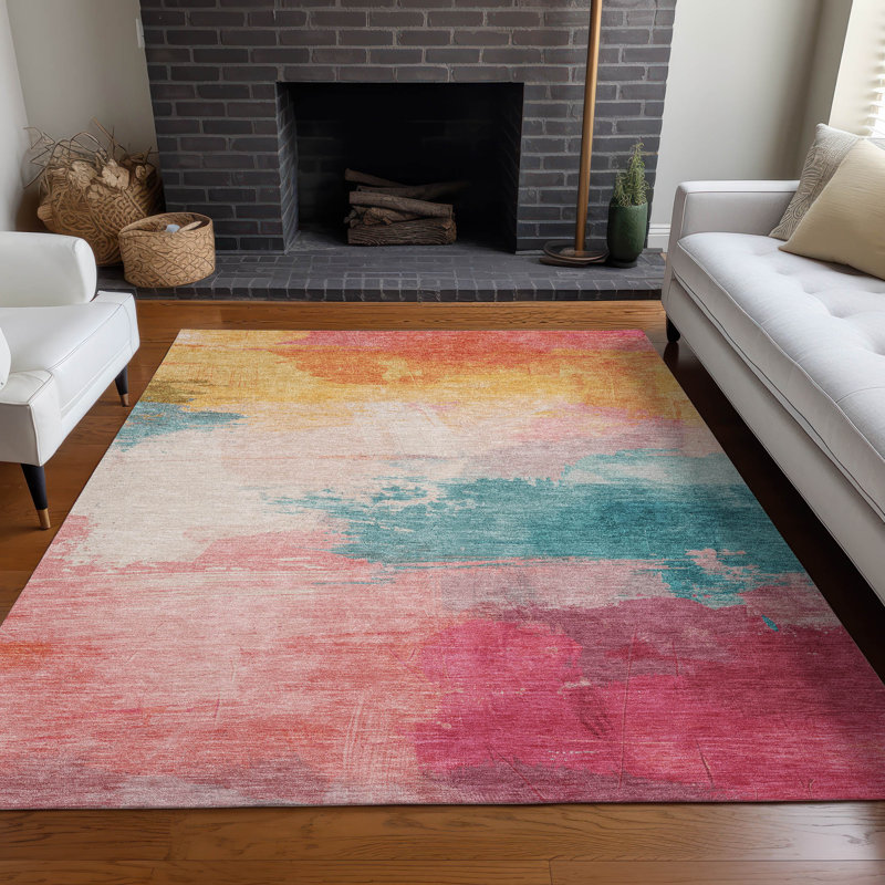 Machine Washable Indoor/Outdoor Claudian ACN1520 Pink Rug, Rectangle 9' x 12'