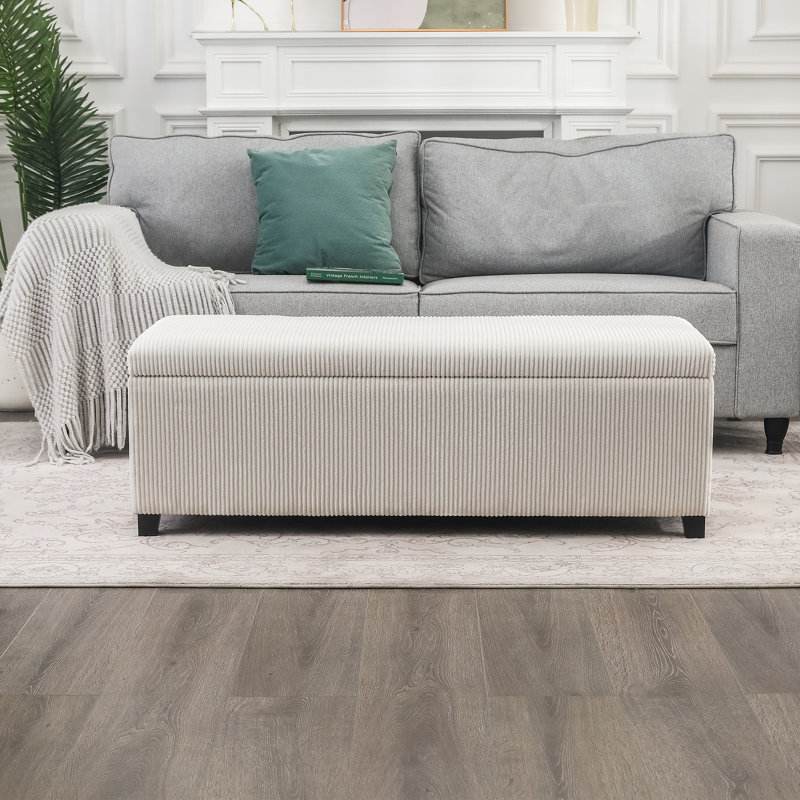 Banc de rangement avec repose-pieds en velours côtelé 47 pouces, Crème, crème