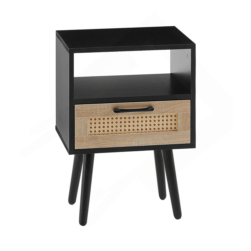Table de bout en rotin de 15,75 po avec tiroir, table de chevet et table d'appoint pour salon, Noir