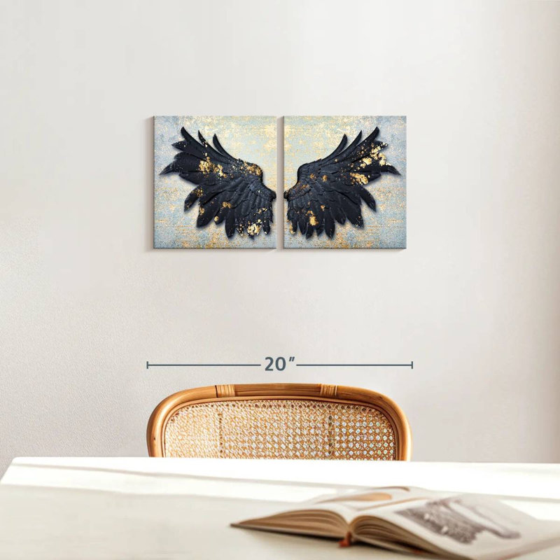 2 éléments décoratifs, taches d'ange noir sur toile, 2 pièces, H 10 po x l 21 po x P 1,25 po