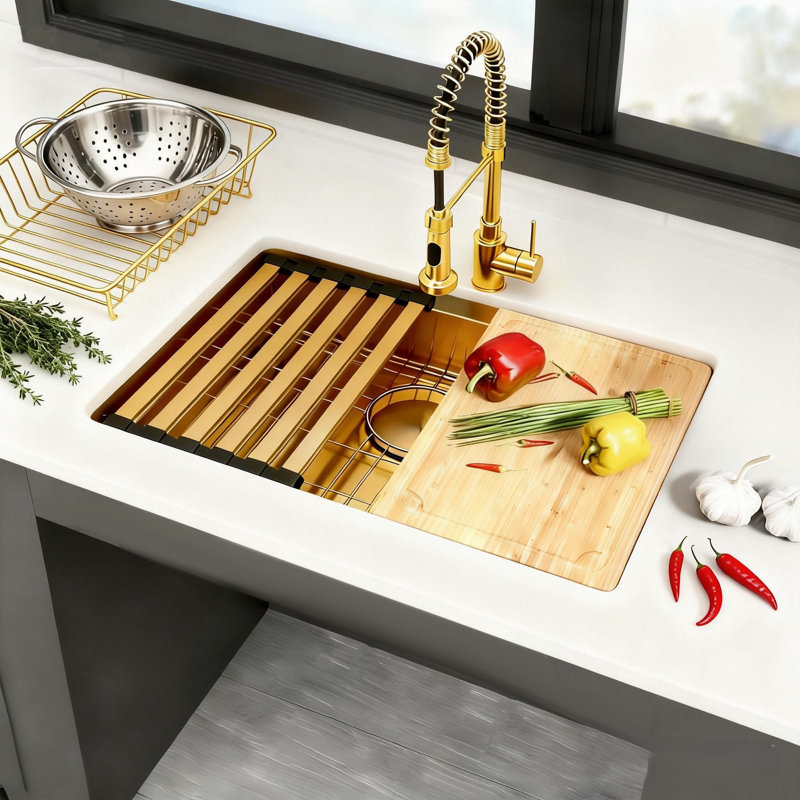 27”X 18" Singel Bowl Undermount  ADA Sink  6 Inch Depth Stainless Steel Workstation Kitchen Sink, Gold