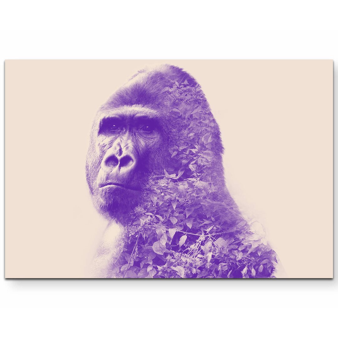 Leinwandbild Lila Gorilla Portrait mit Wald