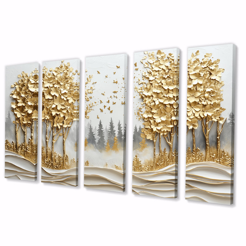 «Blue Gold Pine Tree Misty Mountain Mornings IV», ensemble d'art mural pin, H 32 po x l 80 po