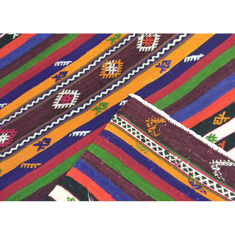Tapis unique en laine noué à la main de style années 1960 de 3 pi 6 po x 5 pi 7 po en rouge / vert / orange / mauve