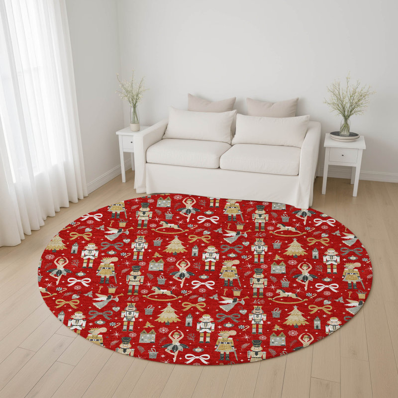 Premium Machine Washable Mayfield AMF1827 Fun Christmas Rug, Round 8'