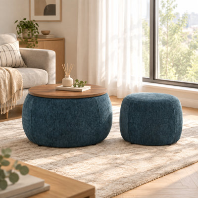 Pouf de rangement rond, pouf en rotin tressé, 2 en 1