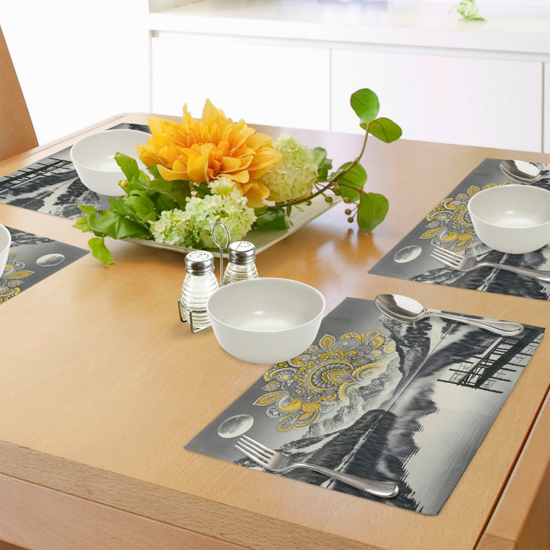 Yellow and Grey Mandala Mountain Polyester Placemats Set of 4