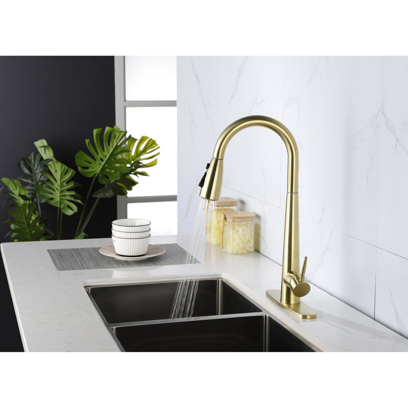 Pull Down Spray Kitchen Faucet In Golden Hue - , Deck Mounted Single Hole, 360 Turning Head, Stainless Gold Out Fingerprint-, Mount Rotating Flow Nozzle, Quality