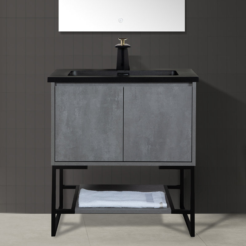  Meuble-lavabo 2-en-1 mural et autoportant avec comptoir et lavabo, armoire de rangement à tablette ouverte, Gris foncé, 30"