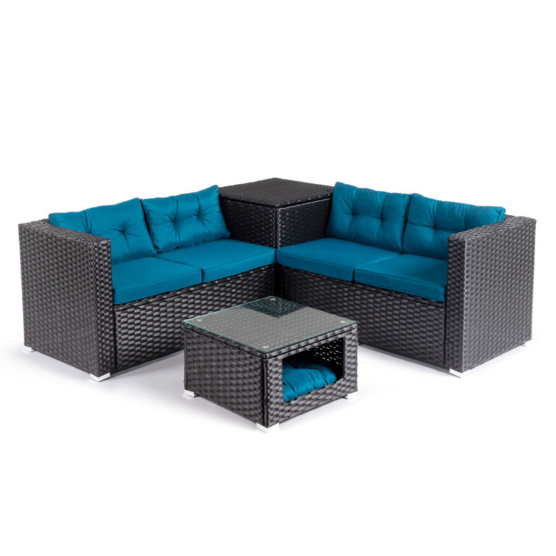 Patio 4-Piece Black Wicker Conversation Set With Malachite Green Cushions, Malachite Green Cushion/Black Frame