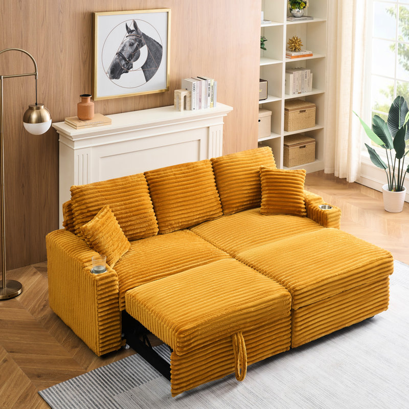 80" Corduroy Folding Sofa Bed with Cup Holder and Pillow, Orange