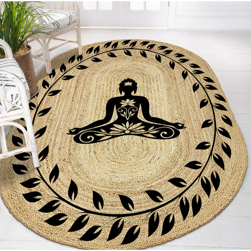 Tapis ovale en jute tissé à la machine beige / noir Aracely, Ovale 3 pi 11 po x 5 pi 11 po