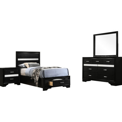 Noir 4 chambres pour lits simples, étincelles, tiroirs de lit et rangement, finition, avec rangement, table de chevet assortie