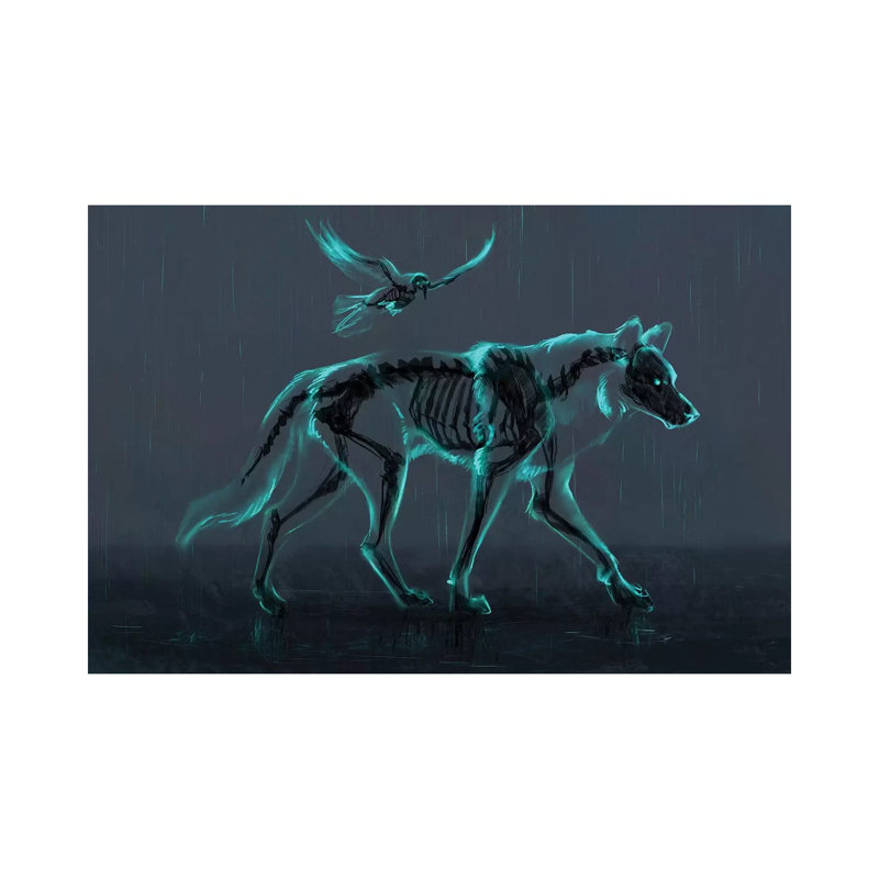 Loup et corbeau par Jade Merien - Toile tendue, estampe numérique sur toile tendue, H 18 po x l 26 po x P 1,5 po