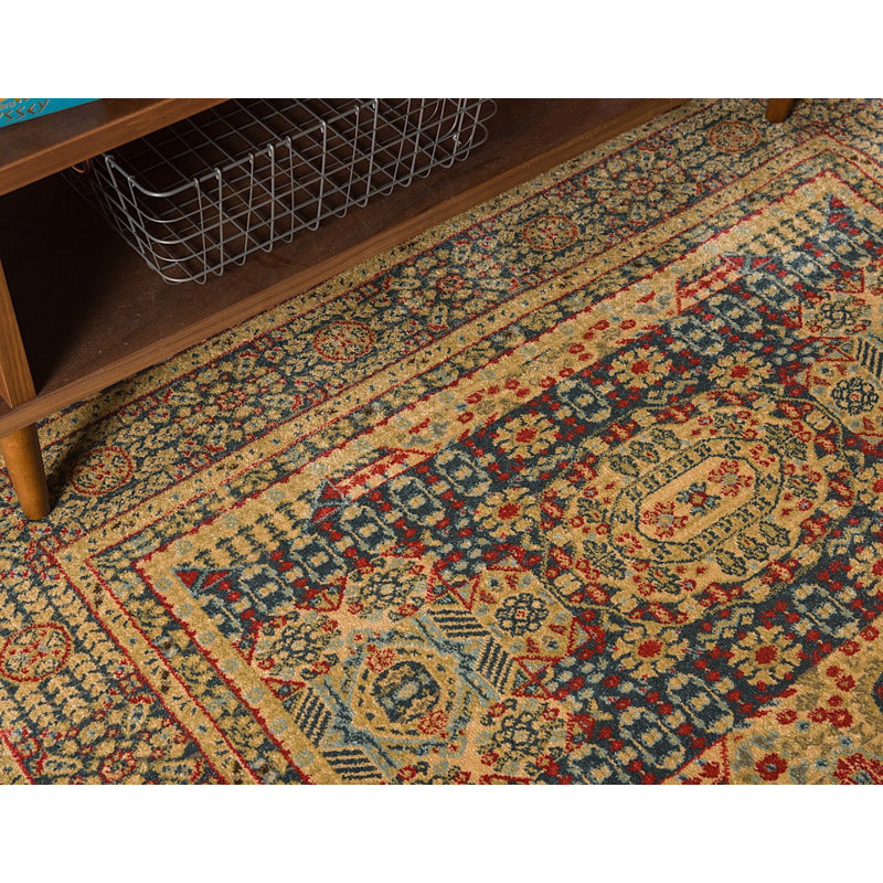 Tapis oriental jaune / bleu Palazzo, Tapis de couloir 2 pi x 6 pi