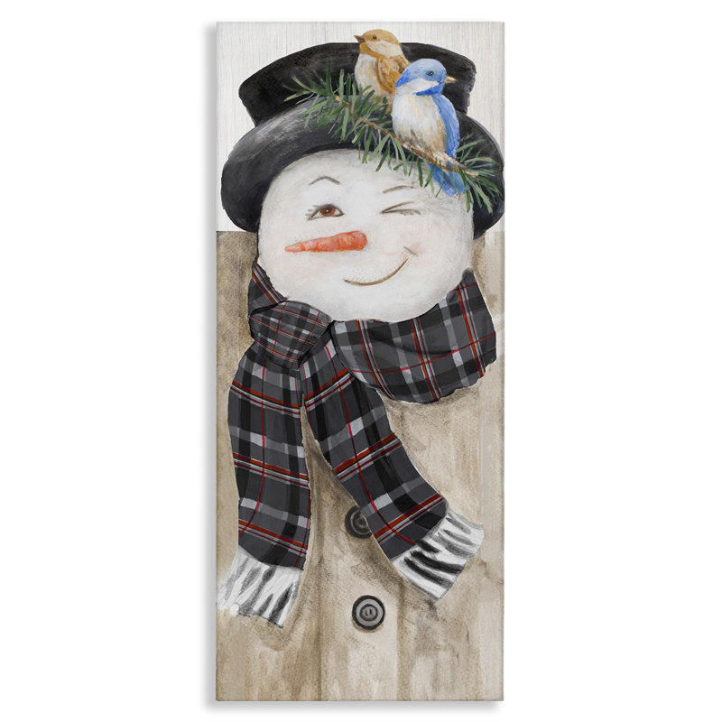«Snowman Wink Winter Birds Rustic Plaid Scarf XL», art mural sur toile tendue par Lanie Loreth, H 30 po x l 13 po
