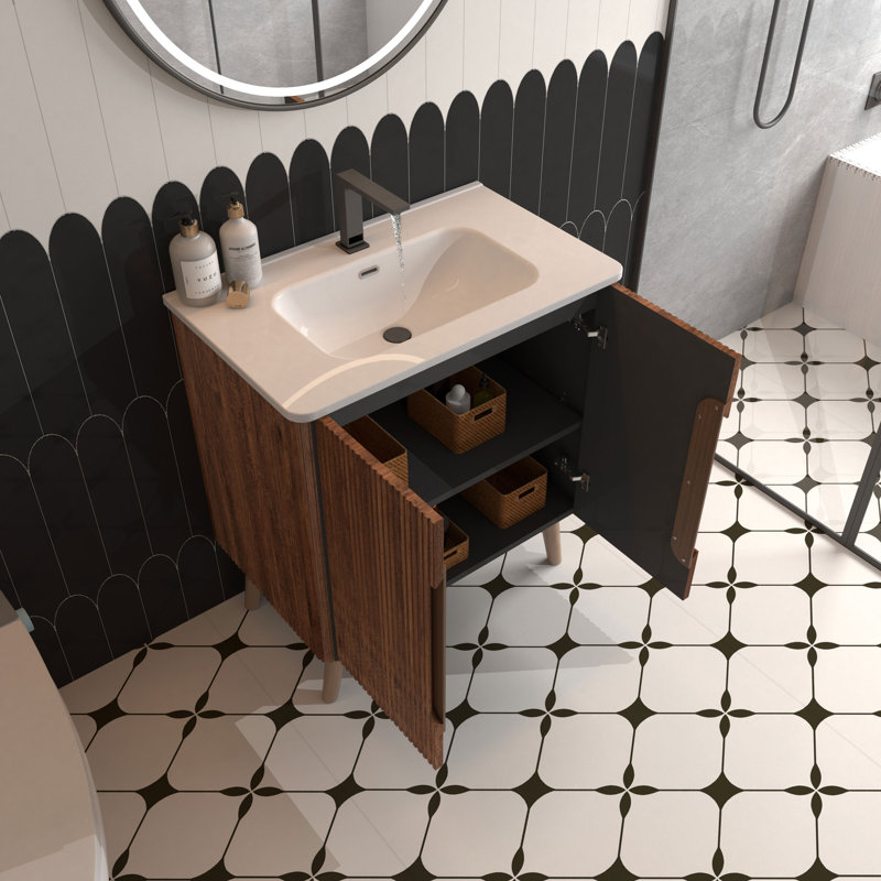 Motohisa Striped Single Bathroom Vanity with Ceramic Top, Modern Wood Vanity with 2-Door Storage for Master Bathroom, Apartment & Hotel Style