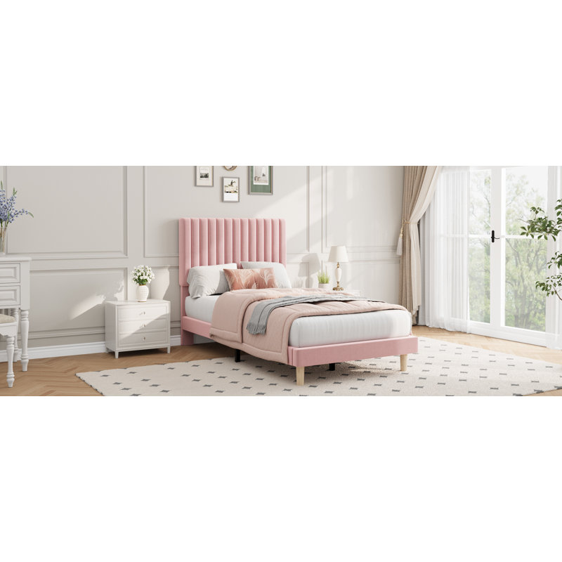 Structure de lit simple avec tête de lit réglable, structure de lit plateforme simple en velours, capitonnage à rainures verticales, lattes de bois robustes, aucun sommier requis, assemblage facile, rose
