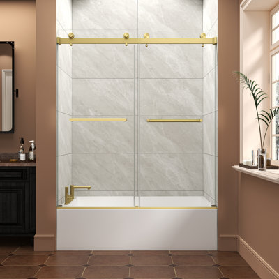 55-60 In. W X 60 In. H Brushed Gold Double Bypass Sliding Bathtub Door, 5/16 In. (8Mm) Frameless Tempered Glass With Nano Film