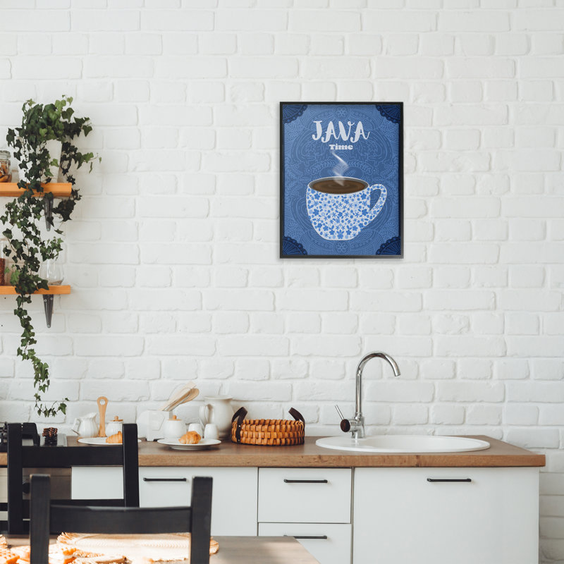 Java Time Blue Coffee Mug Framed Giclee, design by Lori Mosley, 14" H x 11" W, Midnight Black Framed Giclee
