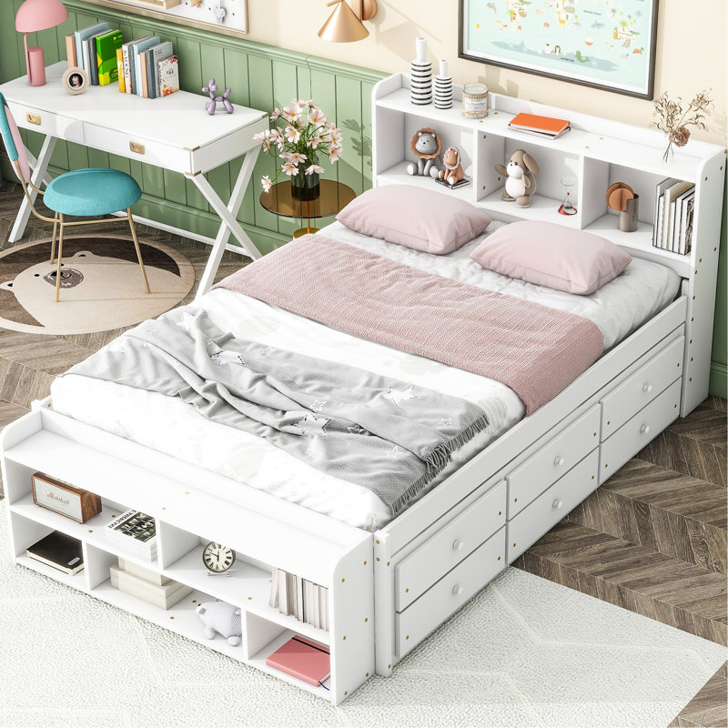 Lit double avec tête de lit bibliothèque et rangement, sous le lit, bibliothèque complète blanche sous le lit, Blanc