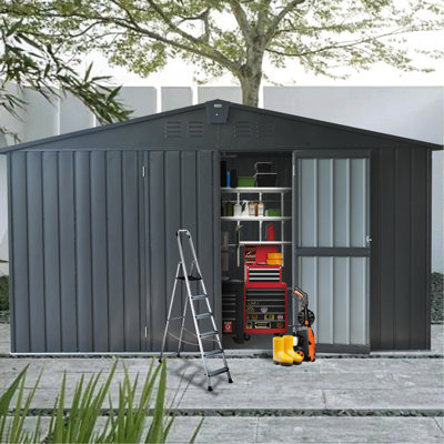 11'x 9' Garden Shed, Dark Gray, Galvanized Steel Frame, Lockable Door, Copious Space For Tools & Bicycles, Rust- Construction Shed 9', Backyard Storage, Weather-, Spacious Equipment
