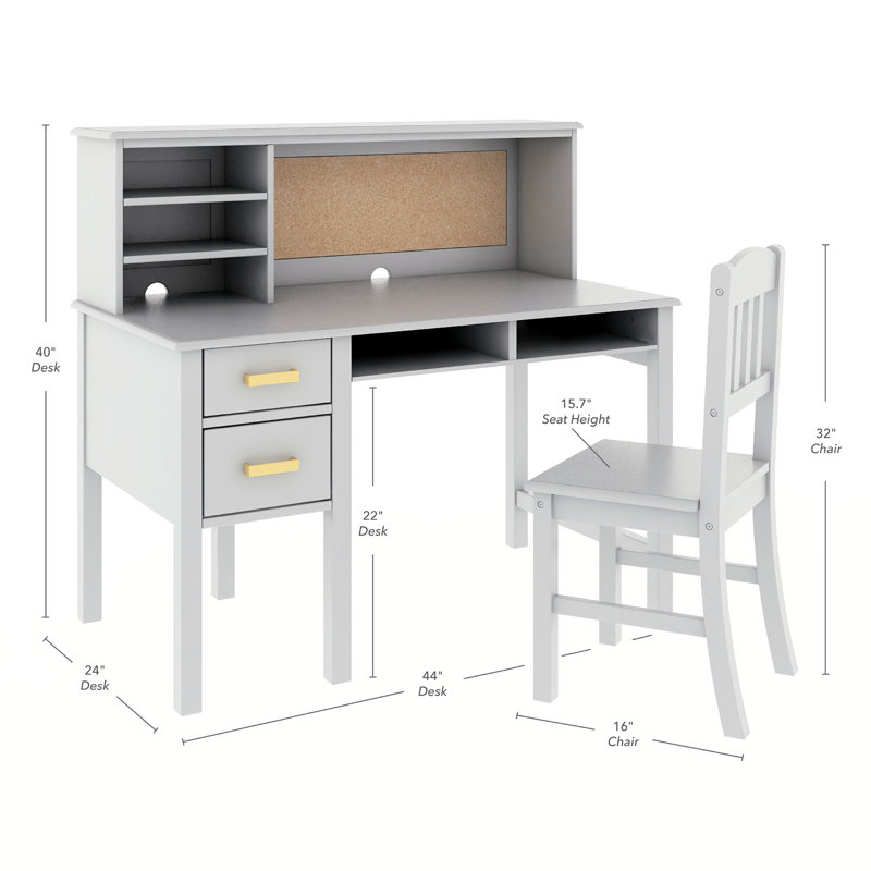 Gray Wooden Kids Desk with Hutch and Chair Set