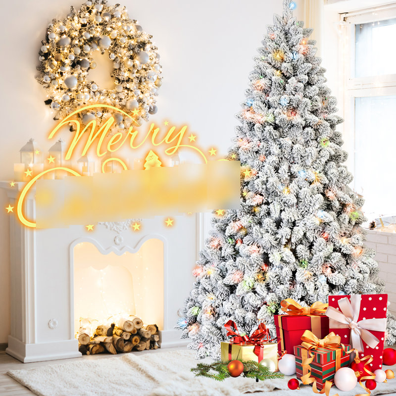 Arbre de Noël de 4 pi avec apparence floquée, 150 lumières Ul colorées, 21 pins, 366 pointes enneigées, structure à charnières pour une installation sans effort et configuration de base en métal stable,