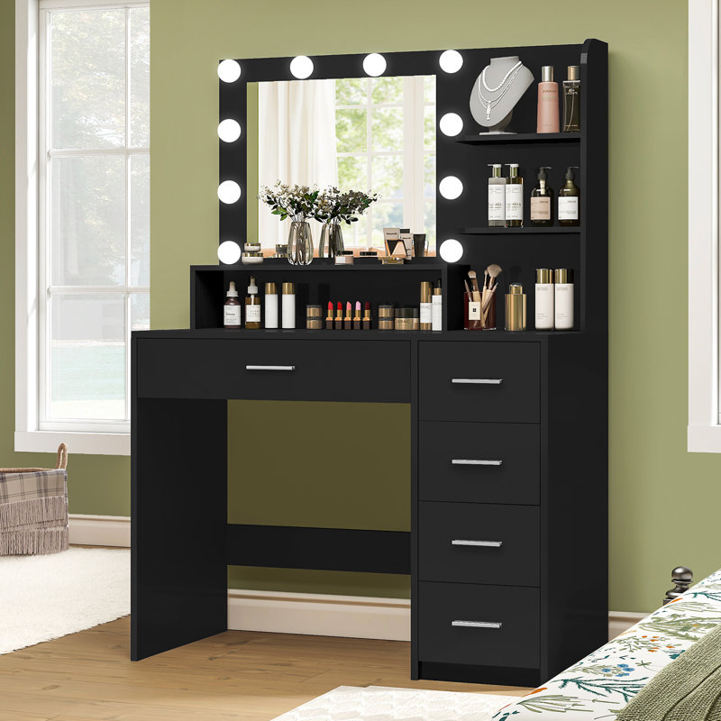 Vanity Desk With Mirror And Lights, Makeup Vanity With 5 Drawers And 3 Storage Shelves, 3 Color Modes & Adjustable Brightness Dressing Table, Vanity Desk For Bedroom