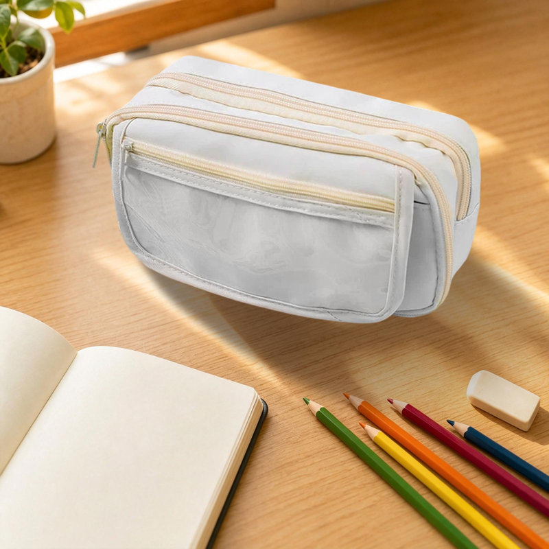Trousse à crayons grande capacité pour étudiants, élégante et multifonctionnelle, résistante et compacte, Beige